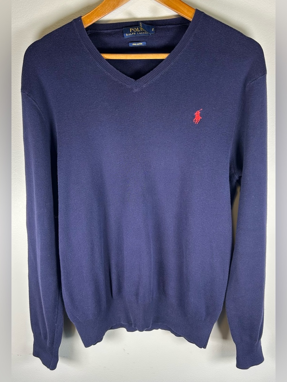 Polo Ralph Lauren Men’s Pima Cotton V-Neck Sweater M Navy Red Pony Pullover EUC
